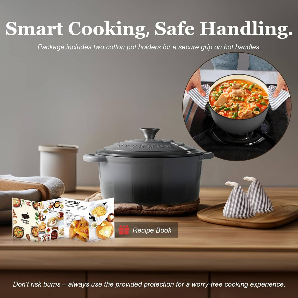 Grey Dutch oven with lid, plus two cotton pot holders and included recipe book