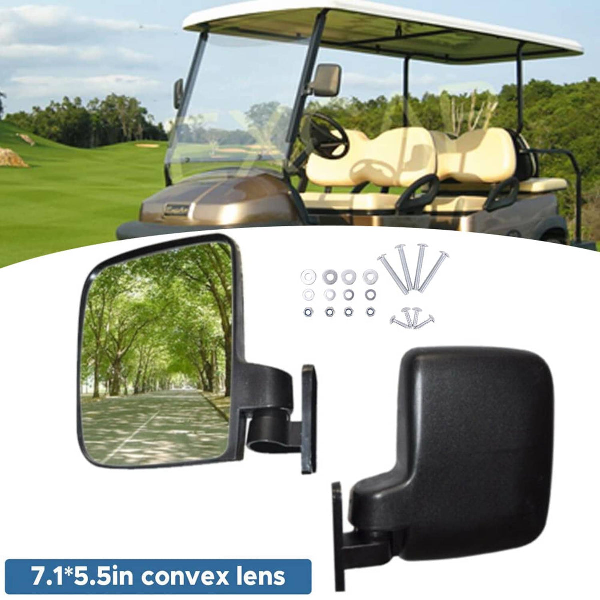 Golf cart side mirrors with black frames, convex lenses, and mounting hardware