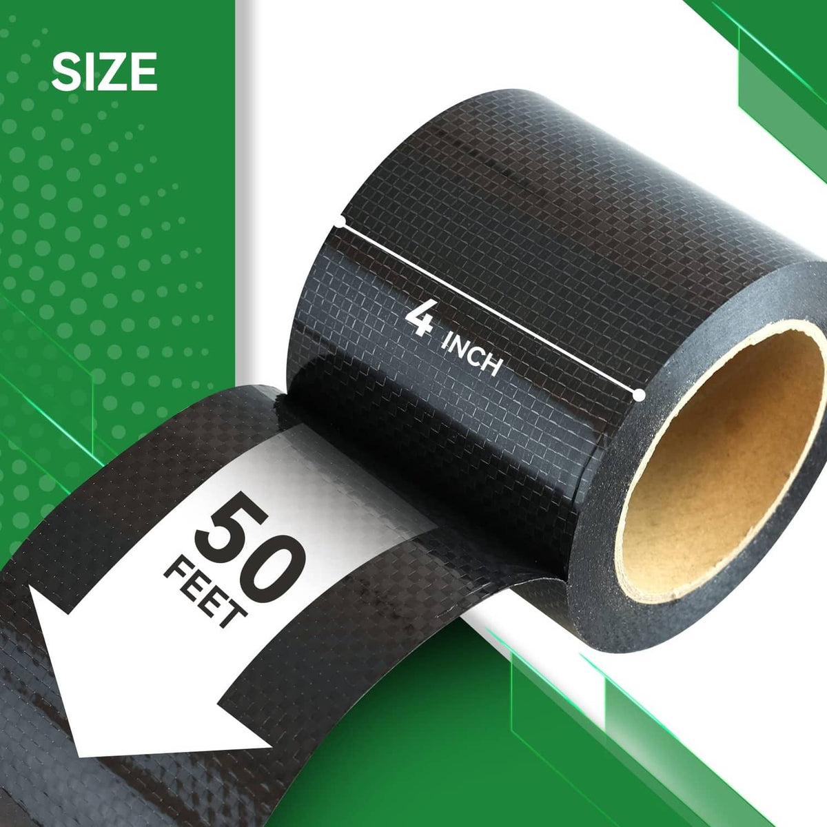 Black RV underbelly repair tape roll with tan core and 4 inch width mark