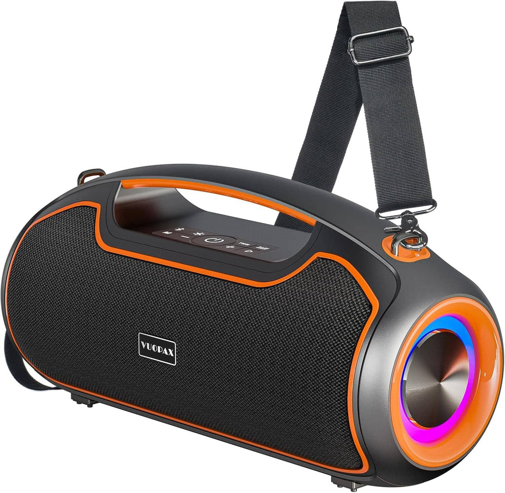 Portable Bluetooth speaker with orange-trimmed top display and carry strap, front grille and RGB ring