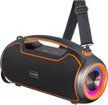 Portable Bluetooth speaker with orange-trimmed top display and carry strap, front grille and RGB ring