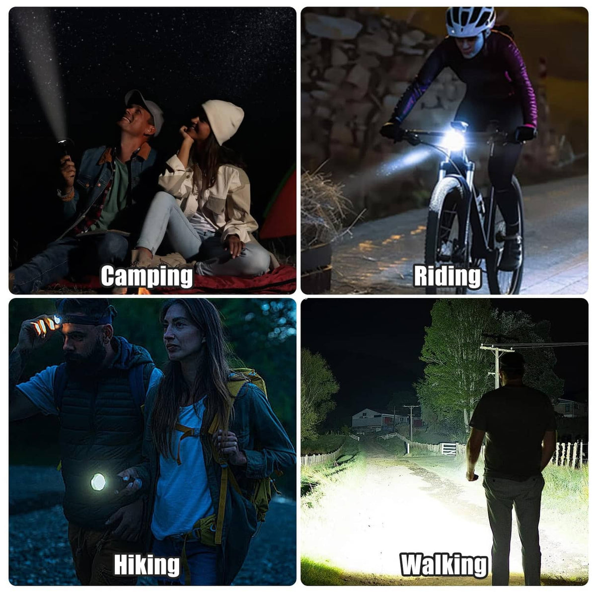 Black LED flashlight in use outdoors for camping, riding, hiking, and walking at night