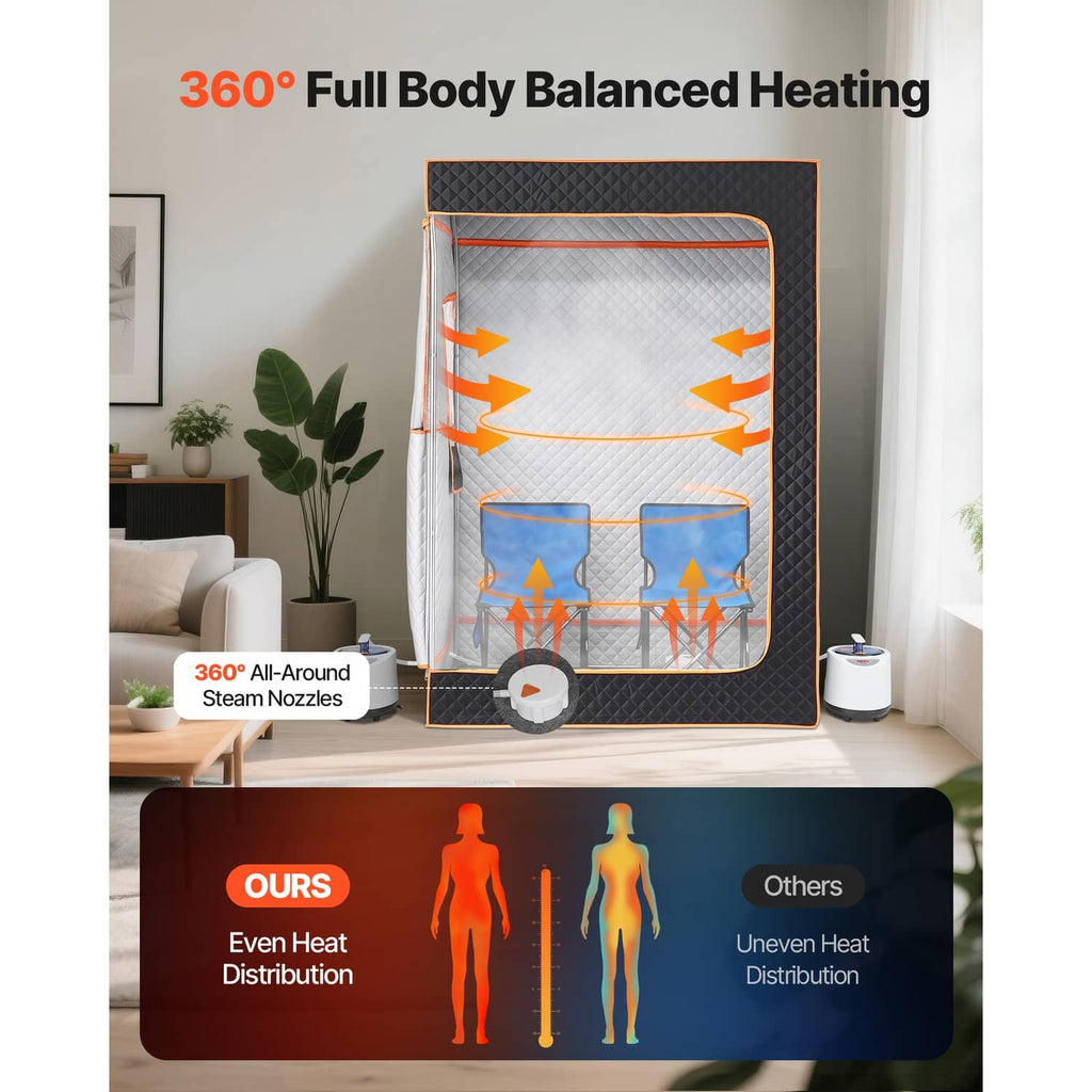 Portable steam sauna tent with clear zip window and orange trim, plus side steamer unit