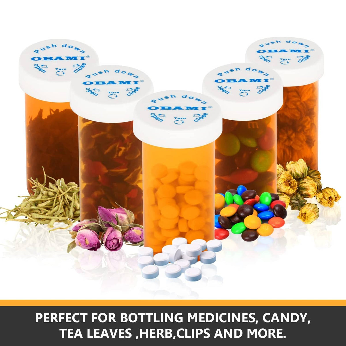 Orange plastic pill bottles with white caps, filled with assorted small items