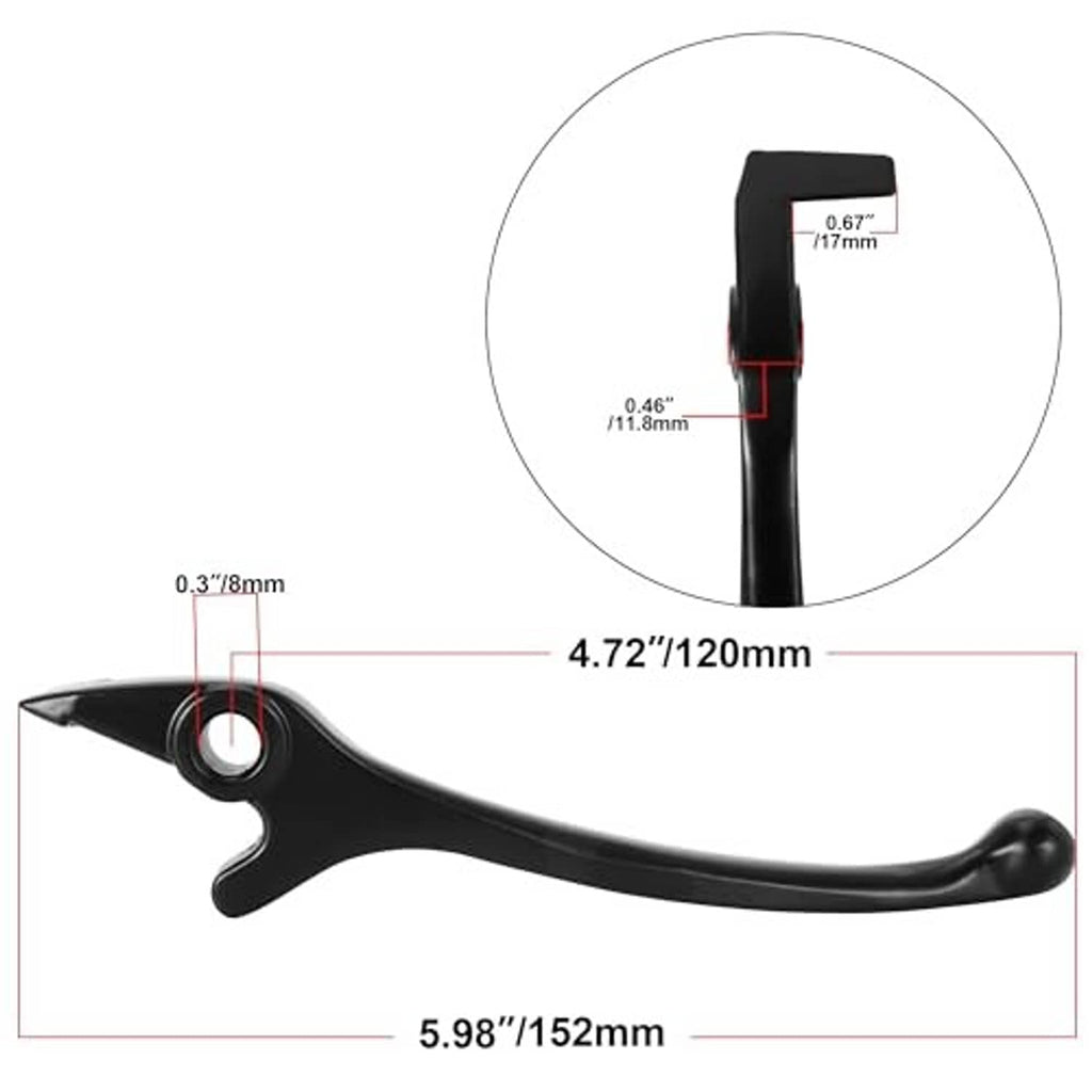 Black dirt bike brake lever, 5.98 in (152 mm) overall length, 4.72 in (120 mm)