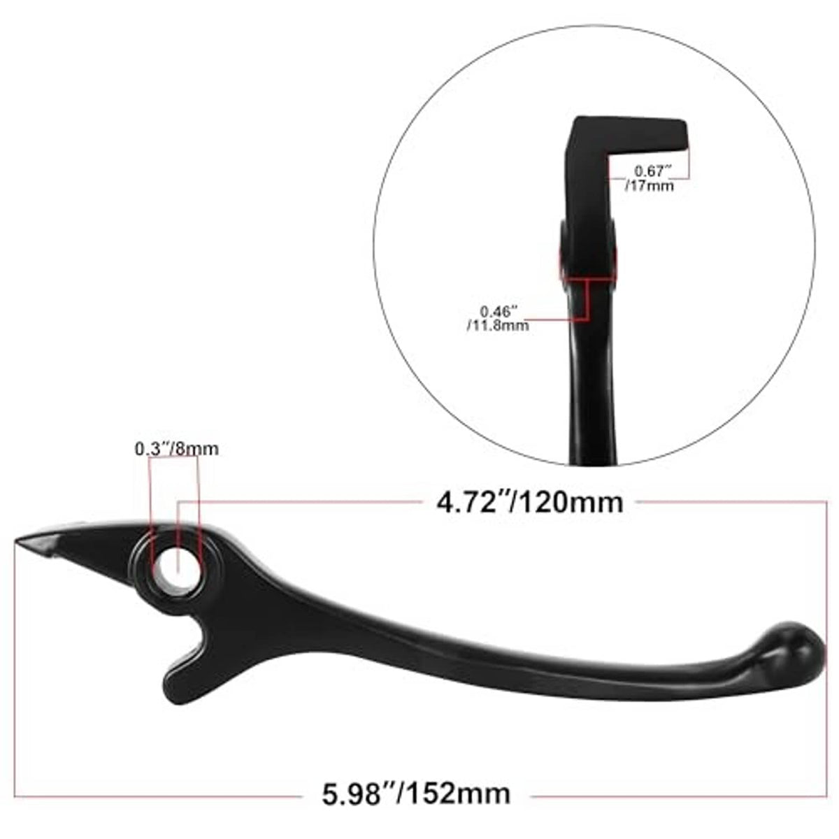 Black dirt bike brake lever, 5.98 in (152 mm) overall length, 4.72 in (120 mm)