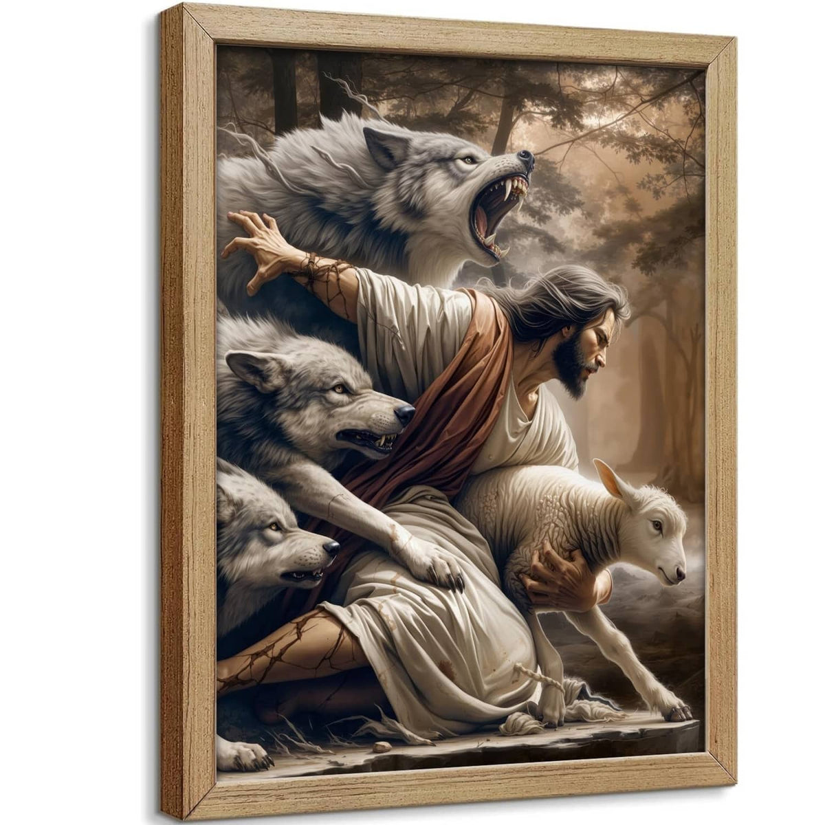 Framed Jesus and lamb canvas wall art, Jesus in robe with wolves and a lamb