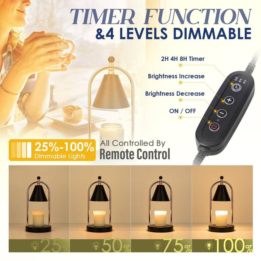 Candle warmer lamp with black shade and remote control featuring brightness and timer buttons