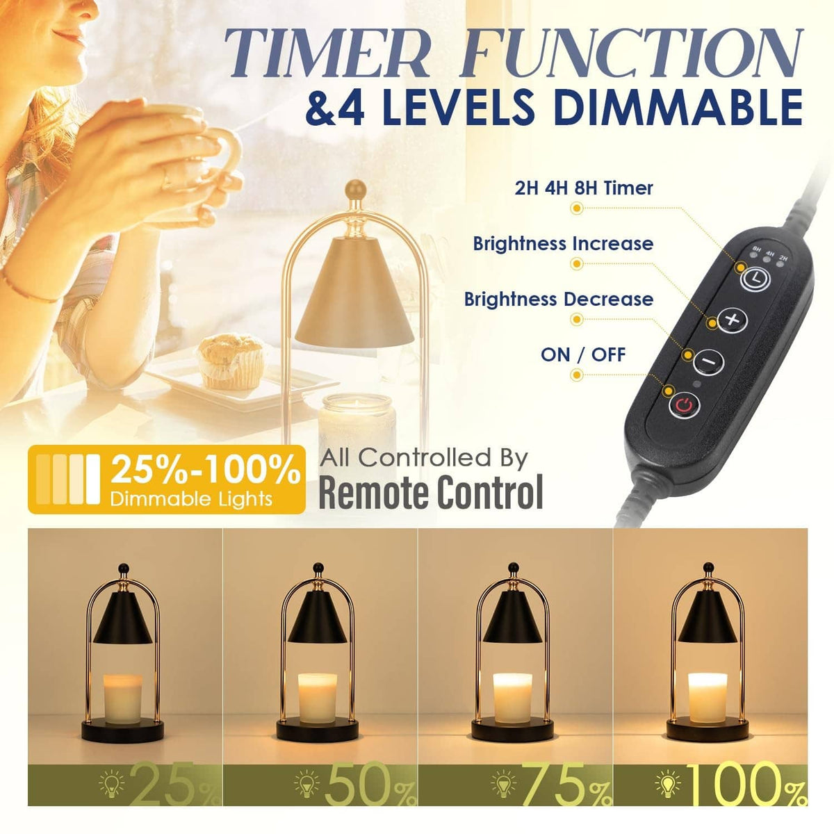 Candle warmer lamp with black shade and remote control featuring brightness and timer buttons