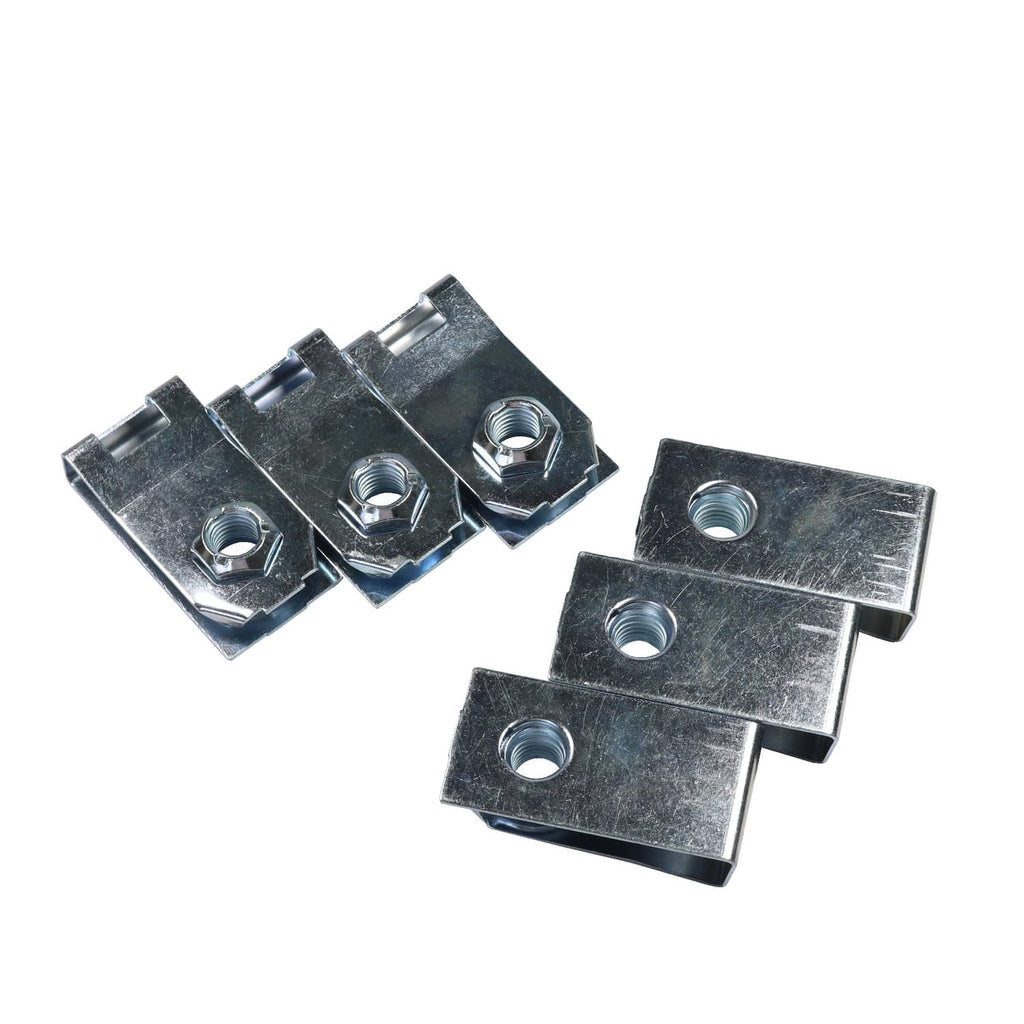 Truck bed mounting hardware kit with black bracket clips and hex nuts