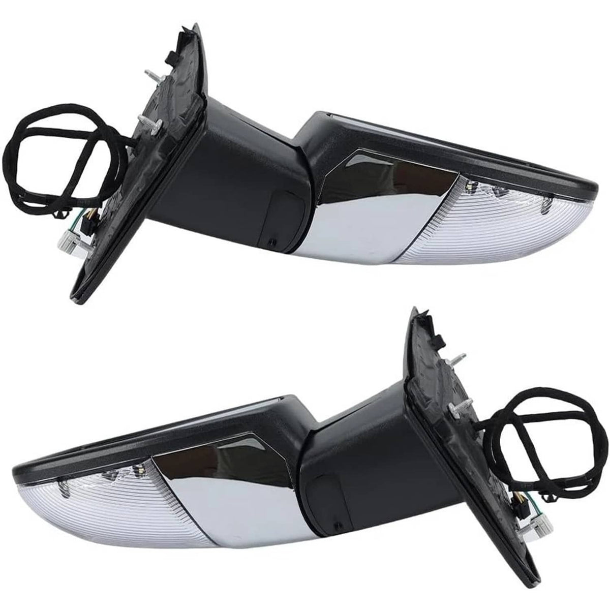 Pair of chrome and black power-fold side mirrors with clear indicator lenses and wiring
