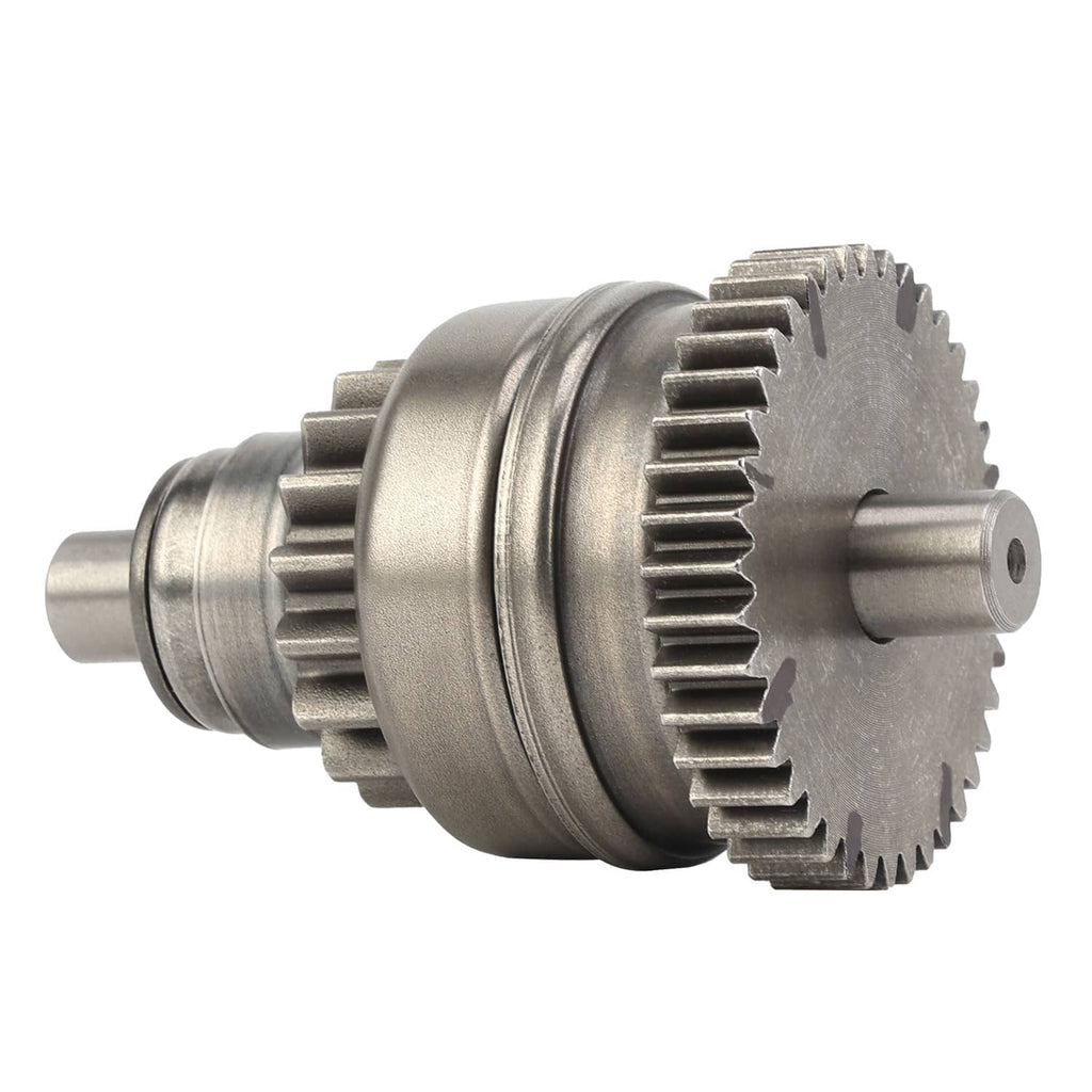 ATV starter motor gear end with large toothed ring gear and small output shaft