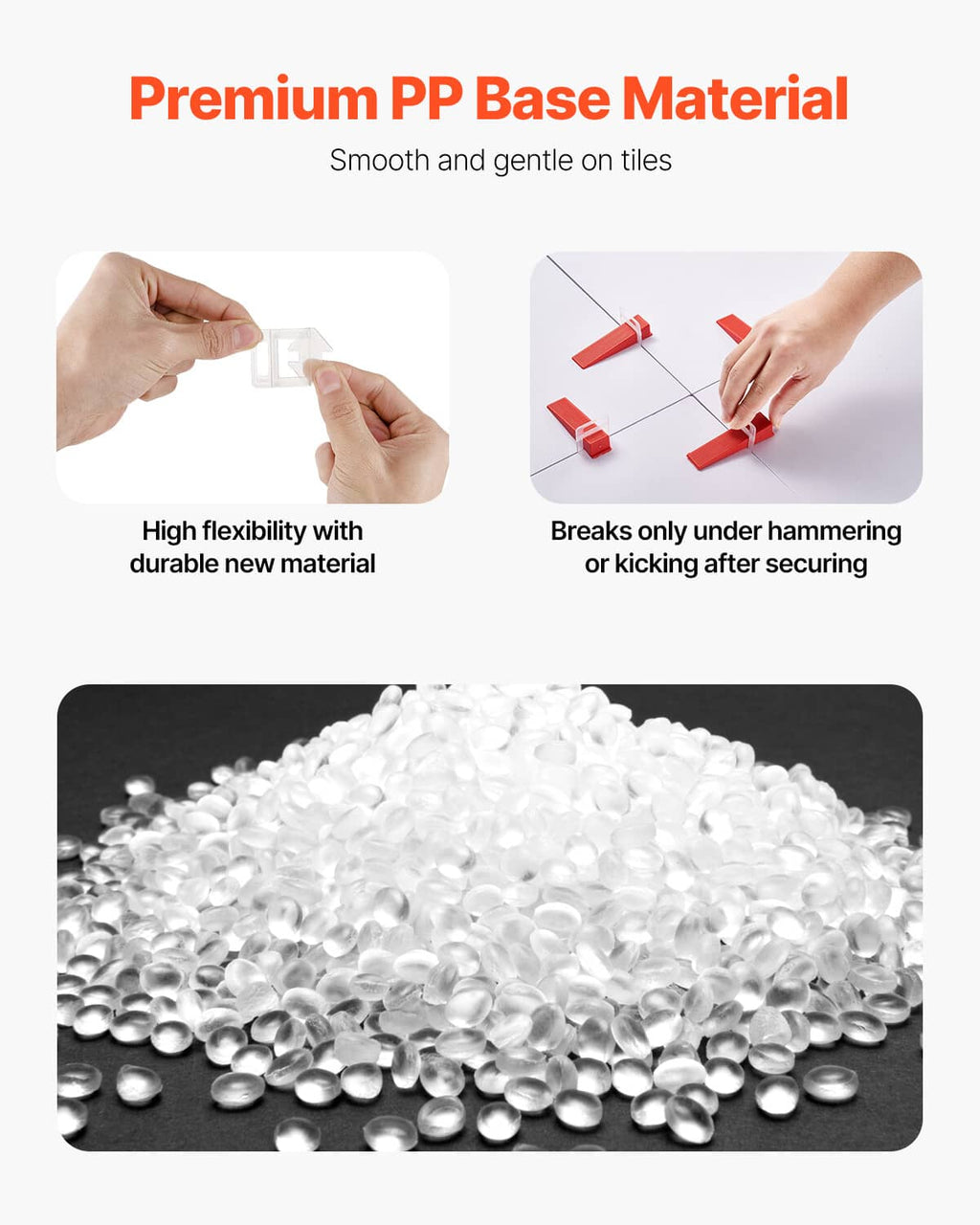 Transparent and red tile leveling clips material shown as plastic pellets