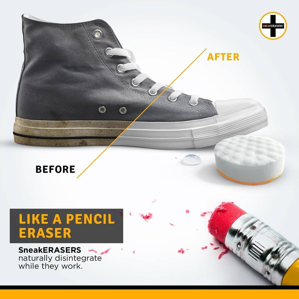 High-top sneaker with white cleaning eraser sponge, shown before and after sole scrub