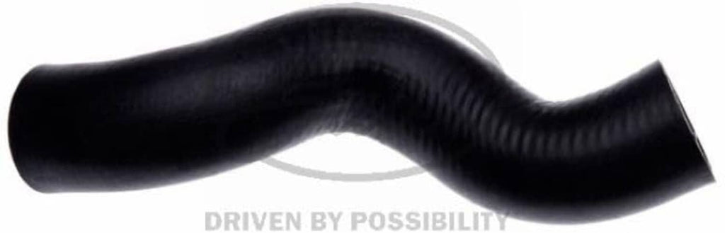 Black molded coolant hose with smooth curved bend and ribbed exterior, angled outlet
