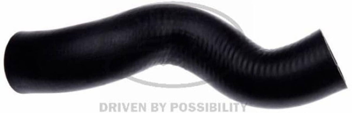 Black molded coolant hose with smooth curved bend and ribbed exterior, angled outlet