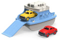 Blue and white bathtub ferry toy with ramp, plus yellow and red mini cars