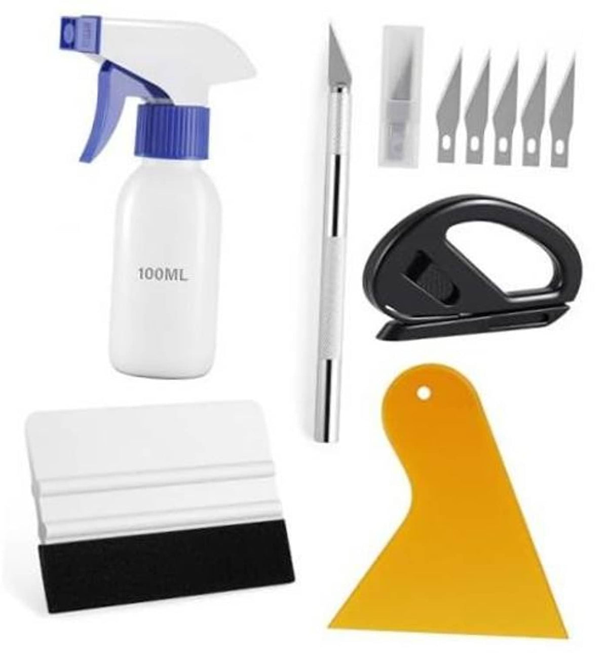 Car window film kit with 100ml spray bottle, squeegee, scraper blades and cutting tools