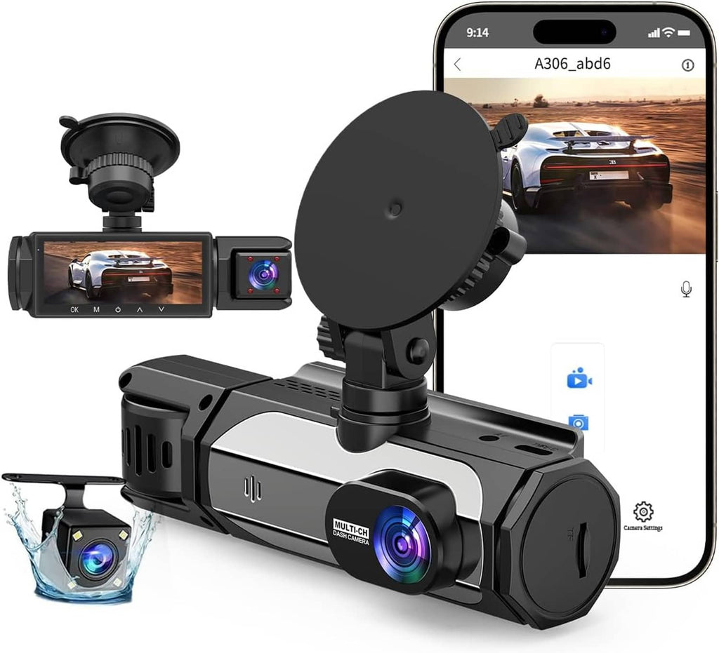 3-channel dash camera set with front and rear units, dual-lens design, 1080p