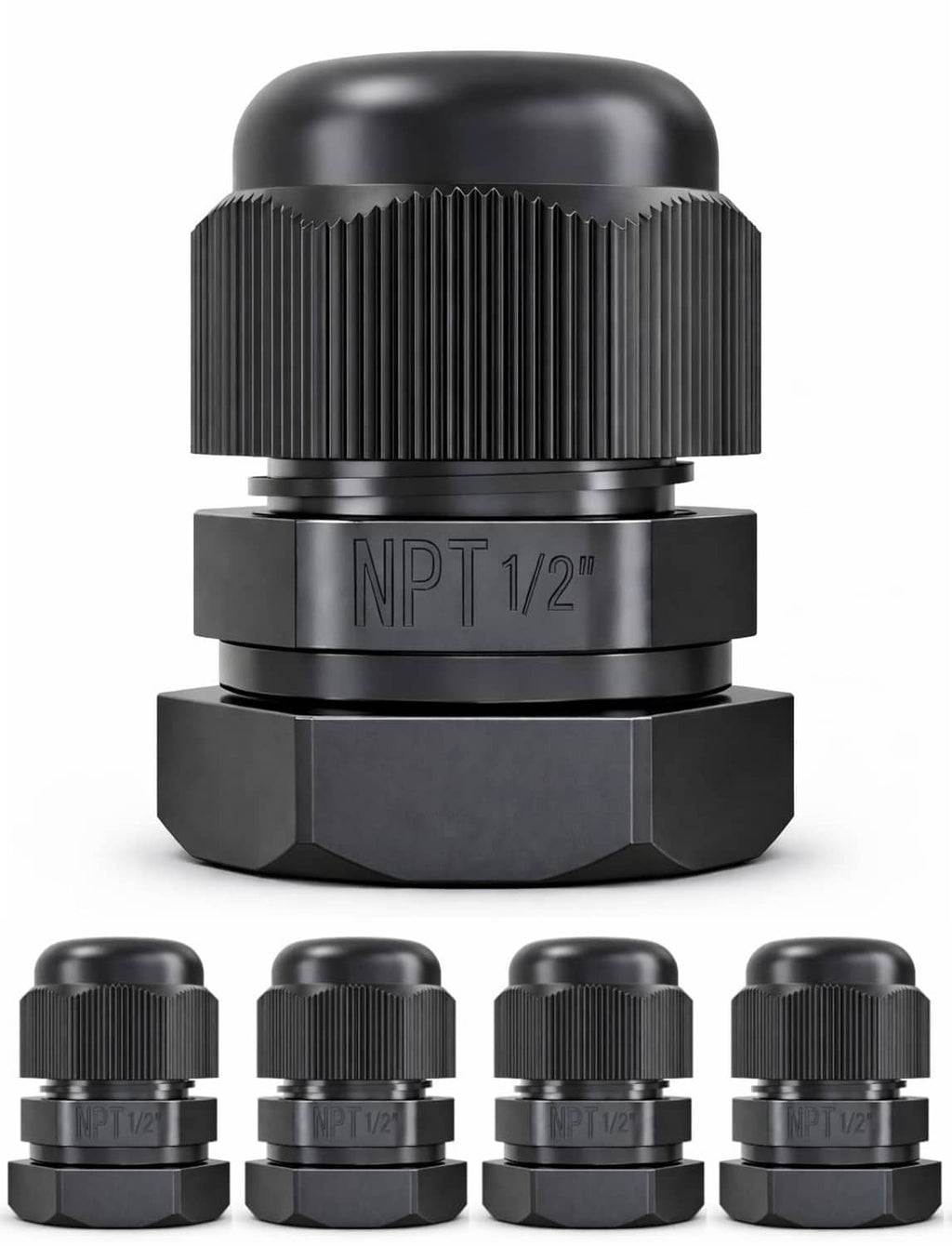 Black nylon cord grip with 1/2" NPT threads and ribbed strain-relief body