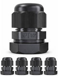 Black nylon cord grip with 1/2" NPT threads and ribbed strain-relief body