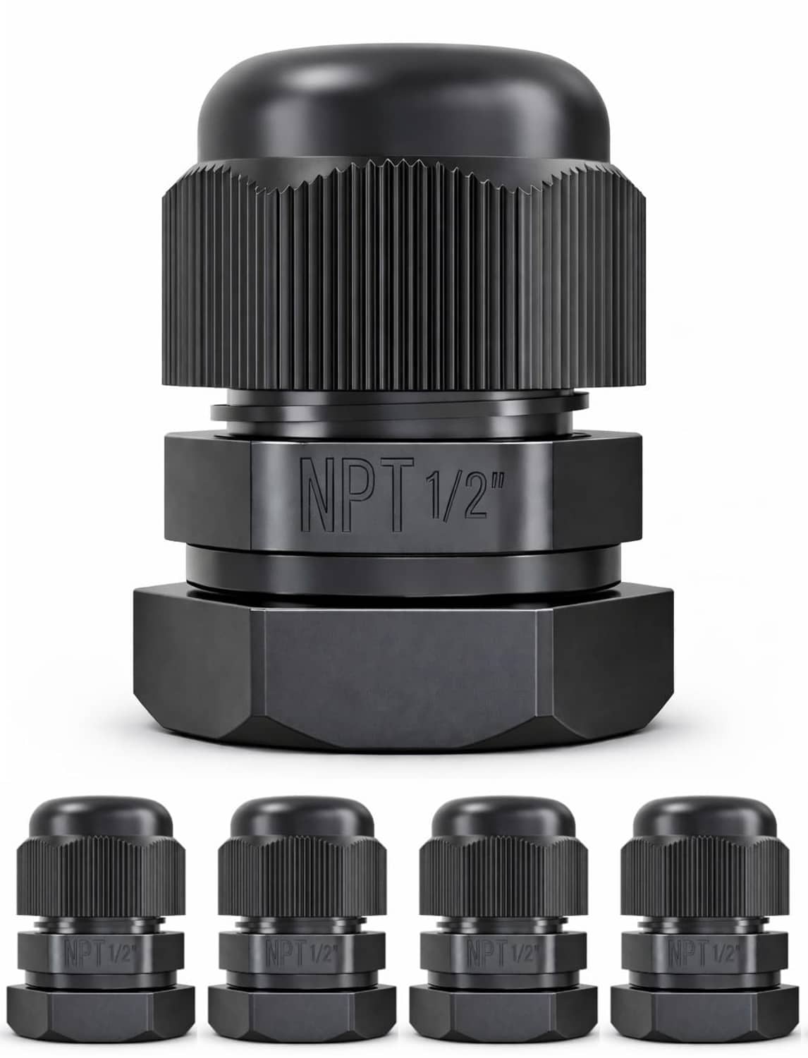 Black nylon cord grip with 1/2" NPT threads and ribbed strain-relief body