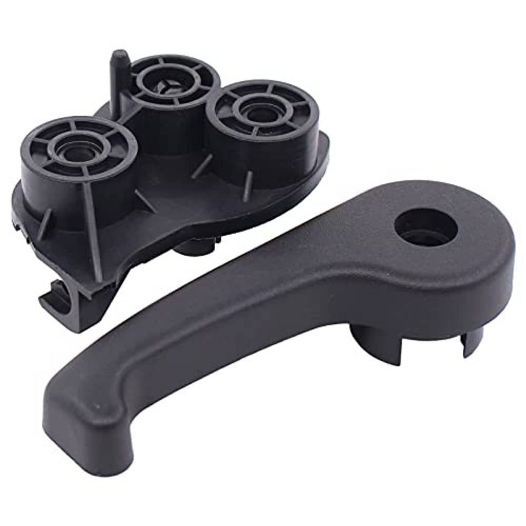Hood latch release handle with black plastic mounting base and three round pivot caps