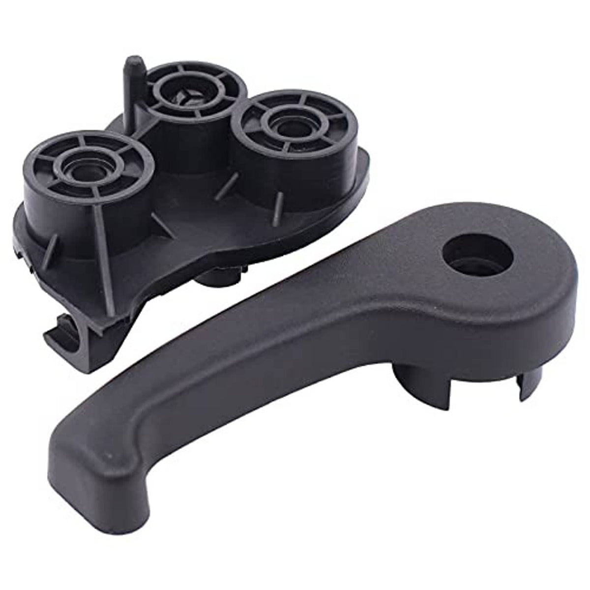 Hood latch release handle with black plastic mounting base and three round pivot caps