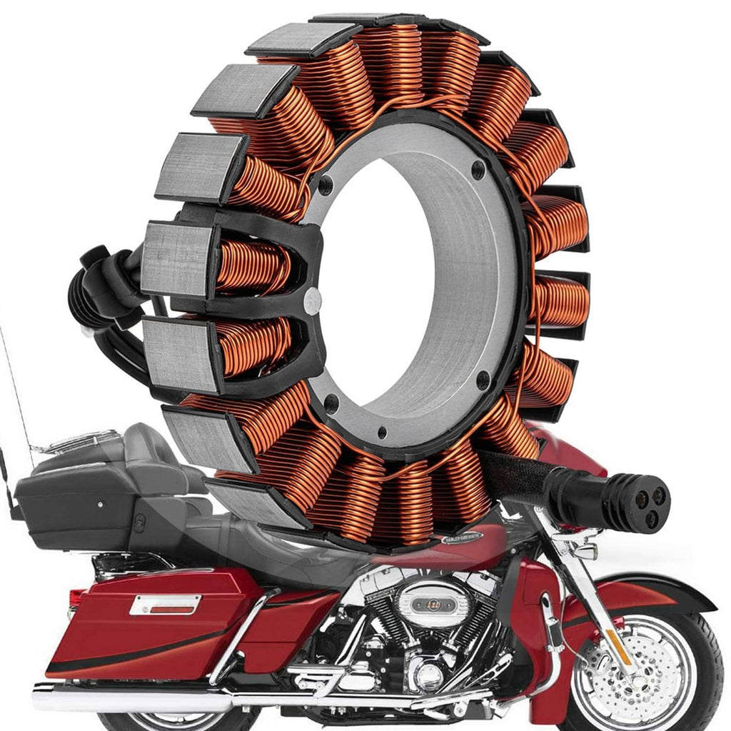 Motorcycle generator stator assembly with copper windings and gray core, connector wires included