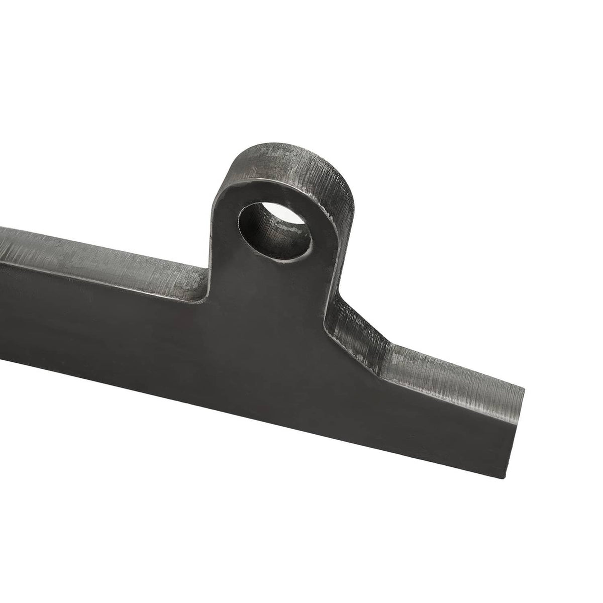 Close-up of black mounting ear with circular hole on loader bracket