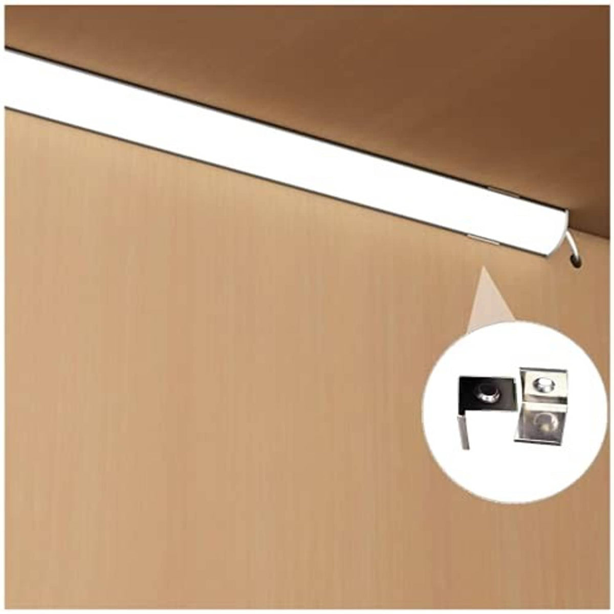 V-shaped LED strip channel mounted under cabinet with metal end bracket clips