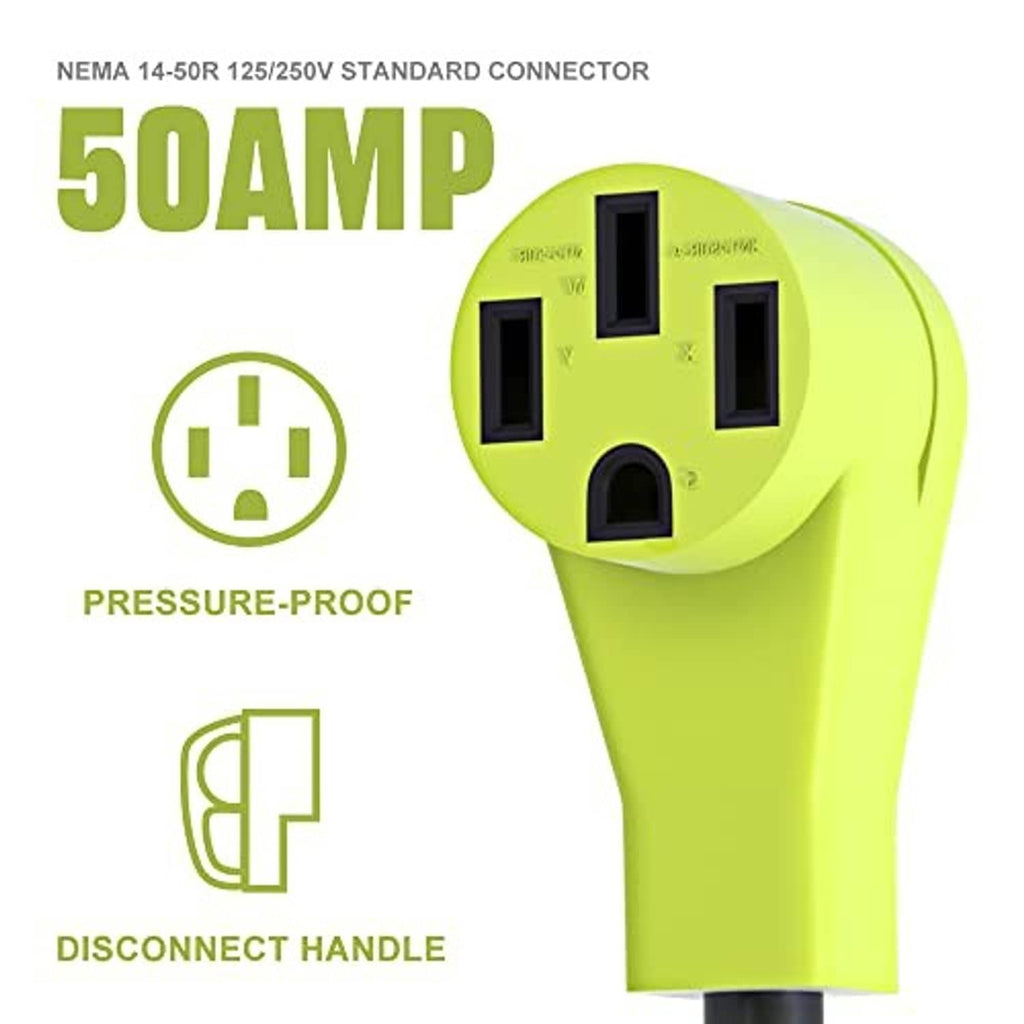 50A NEMA 14-50R connector on green adapter cord with three power slots