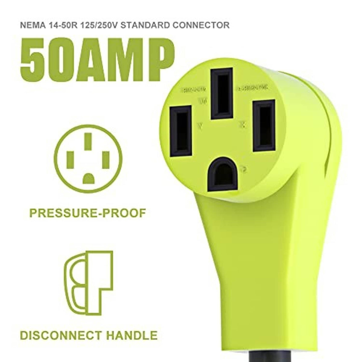 50A NEMA 14-50R connector on green adapter cord with three power slots