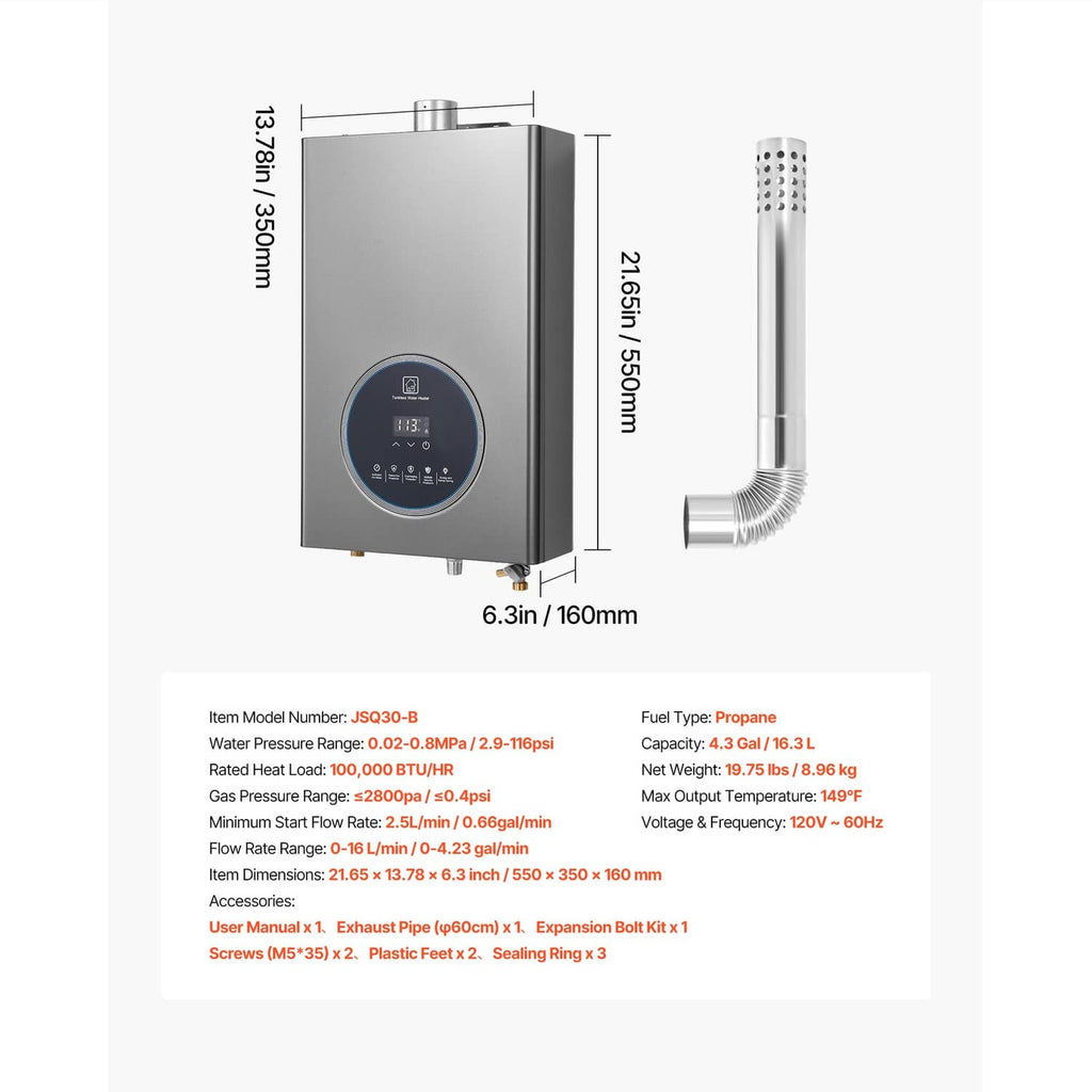 Propane tankless water heater with vent flue pipe and height width dimension markings