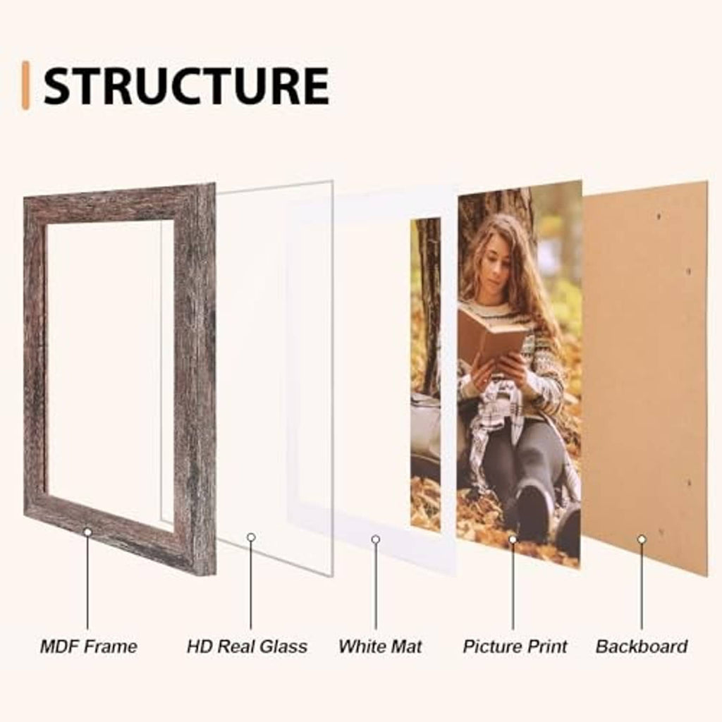 Rustic brown MDF frame with tempered glass and white mat for a picture print