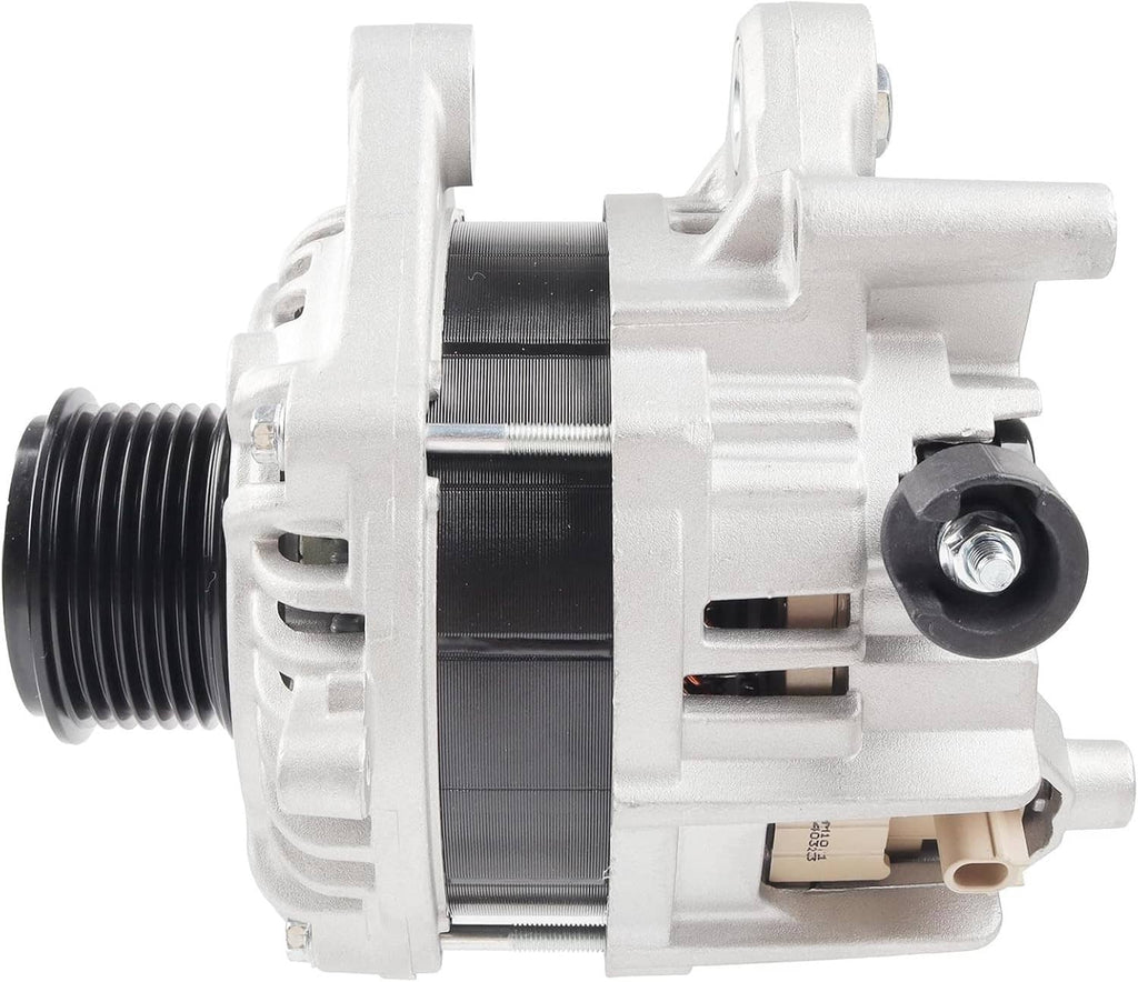 Alternator side view with ribbed pulley, silver metal housing, and electrical connector