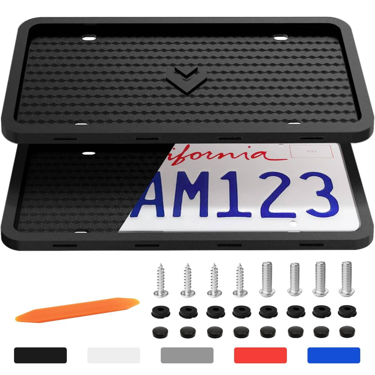 Black silicone license plate frame set with screws and mounting hardware