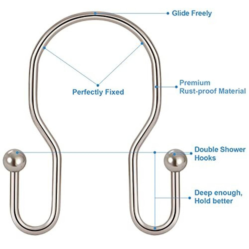Double shower curtain hook features diagram, deep U double hooks in rust-proof steel