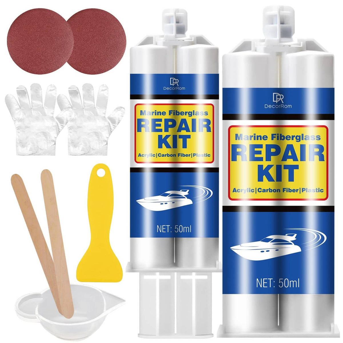 Marine fiberglass repair kit: white gel coat bottles with blue labels