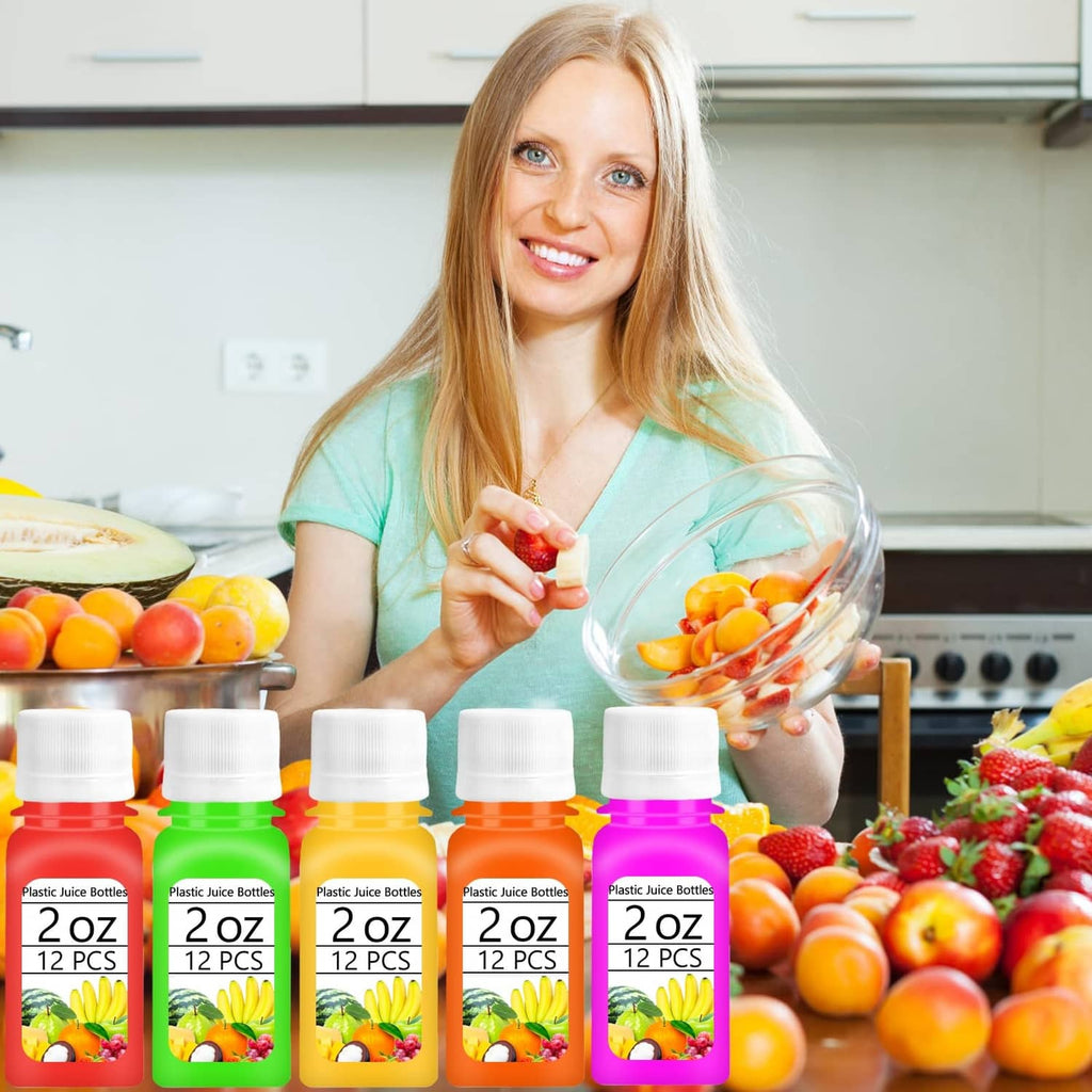 Mini plastic juice bottles with white caps, front row of assorted colors