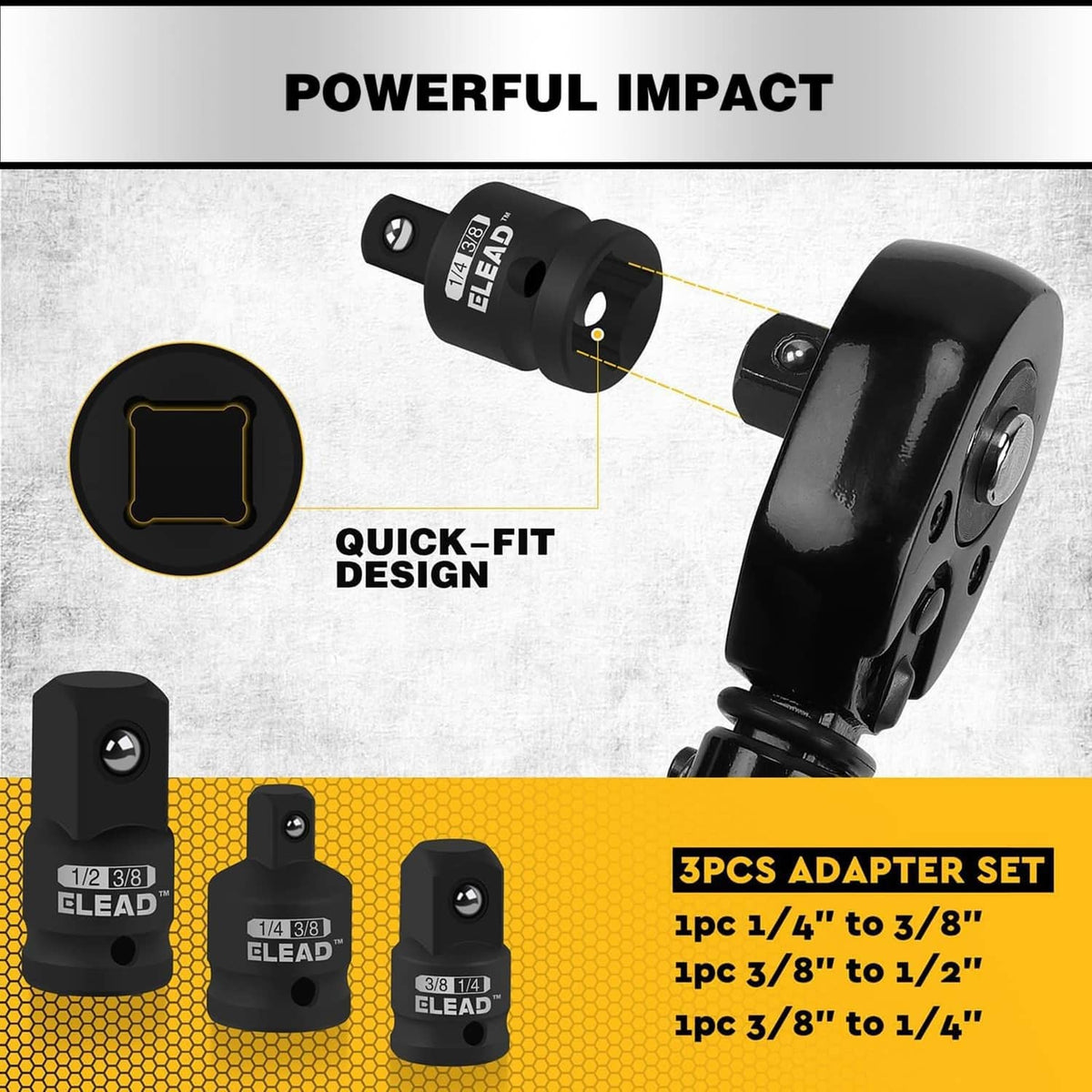 Black impact socket adapter set with quick-fit coupler and 3-piece adapters