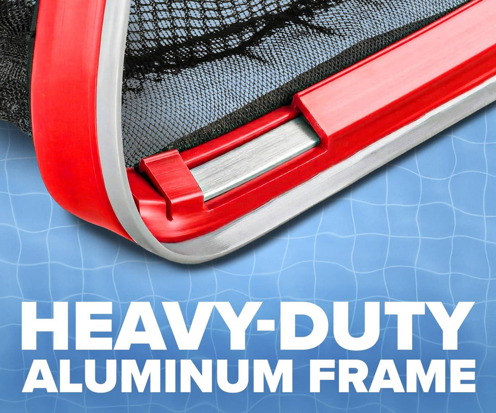 Close-up of red pool net rake frame with black mesh and reinforced edge on deck