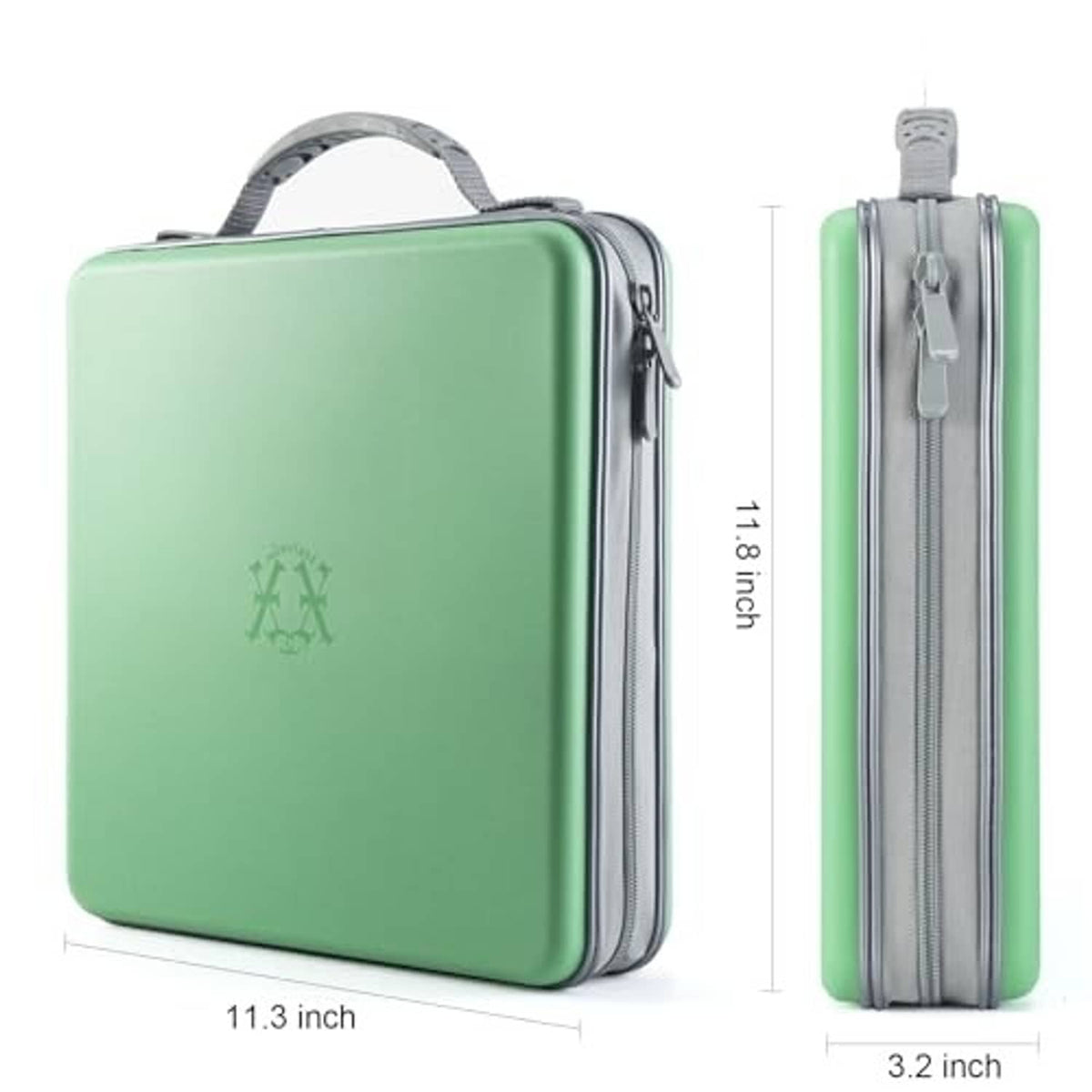 Green hard-plastic CD organizer case with handle and double zipper, 11.3 in