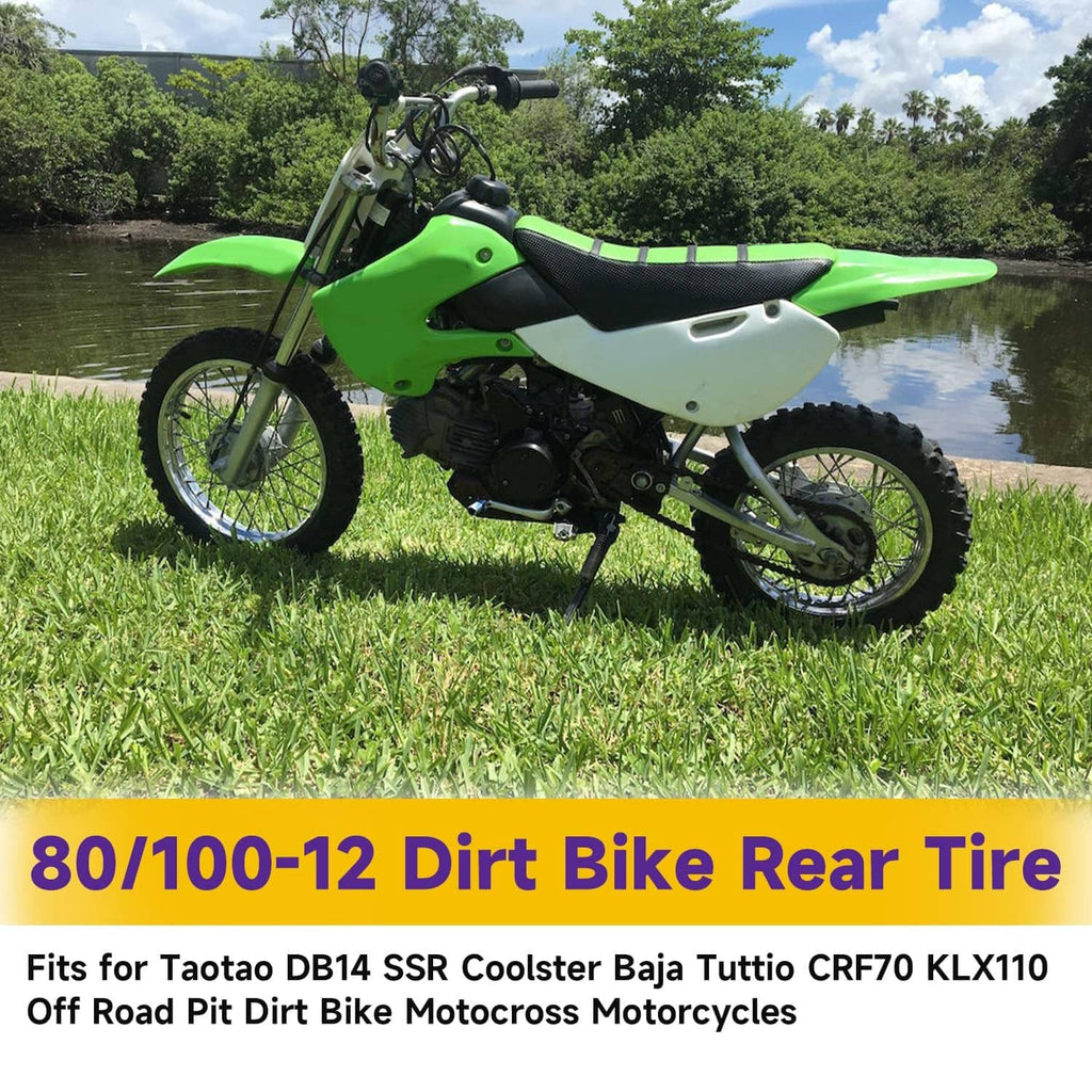 Green and black dirt bike with rear knobby tire, 80/100-12 size