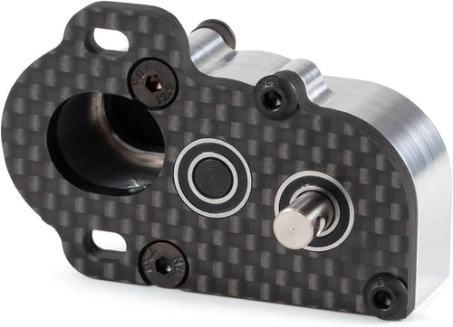 RC gearbox side view with carbon-fiber housing, metal bearings, and mounting screws