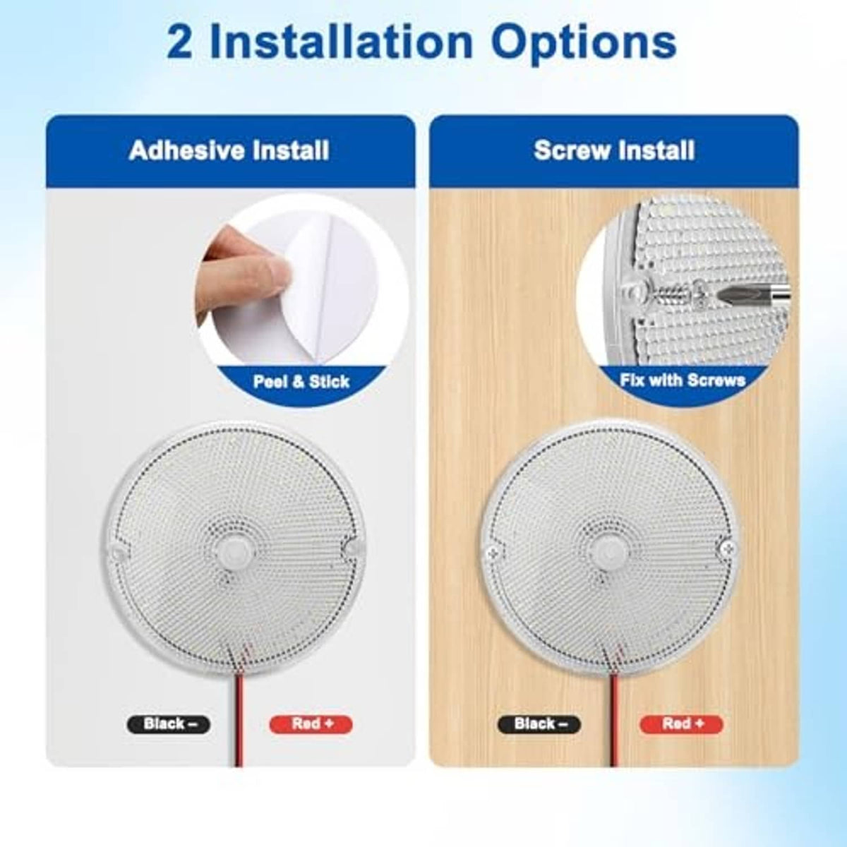 LED ceiling dome light shown for adhesive mounting and screw-in installation