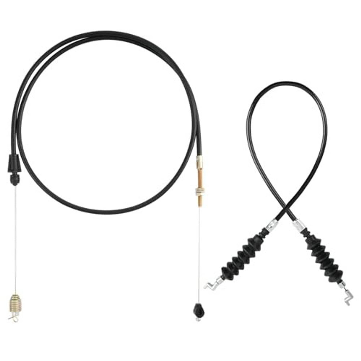 Black throttle cable assembly with coiled spring section and metal snap end connectors