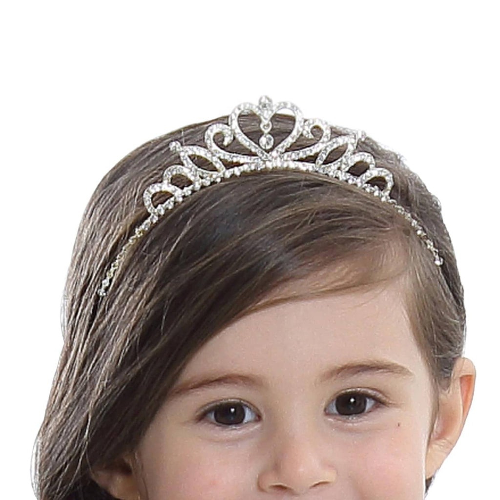 Girls rhinestone tiara crown with scalloped edge and heart top, worn on dark hair