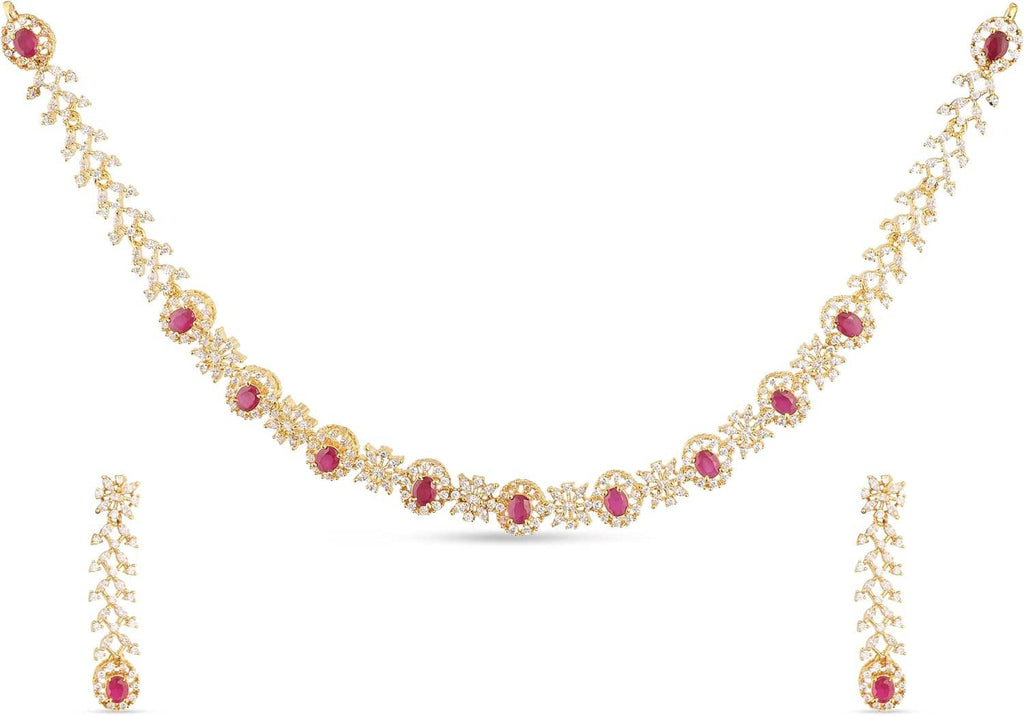 Delicate gold-tone short necklace with purple CZ floral stations and matching drop earrings