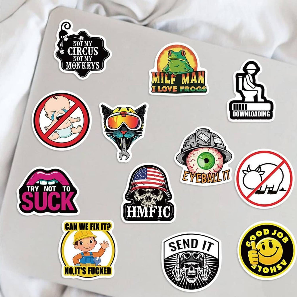 Funny hard hat stickers sheet with circular emblems, cartoon icons, and warning symbols